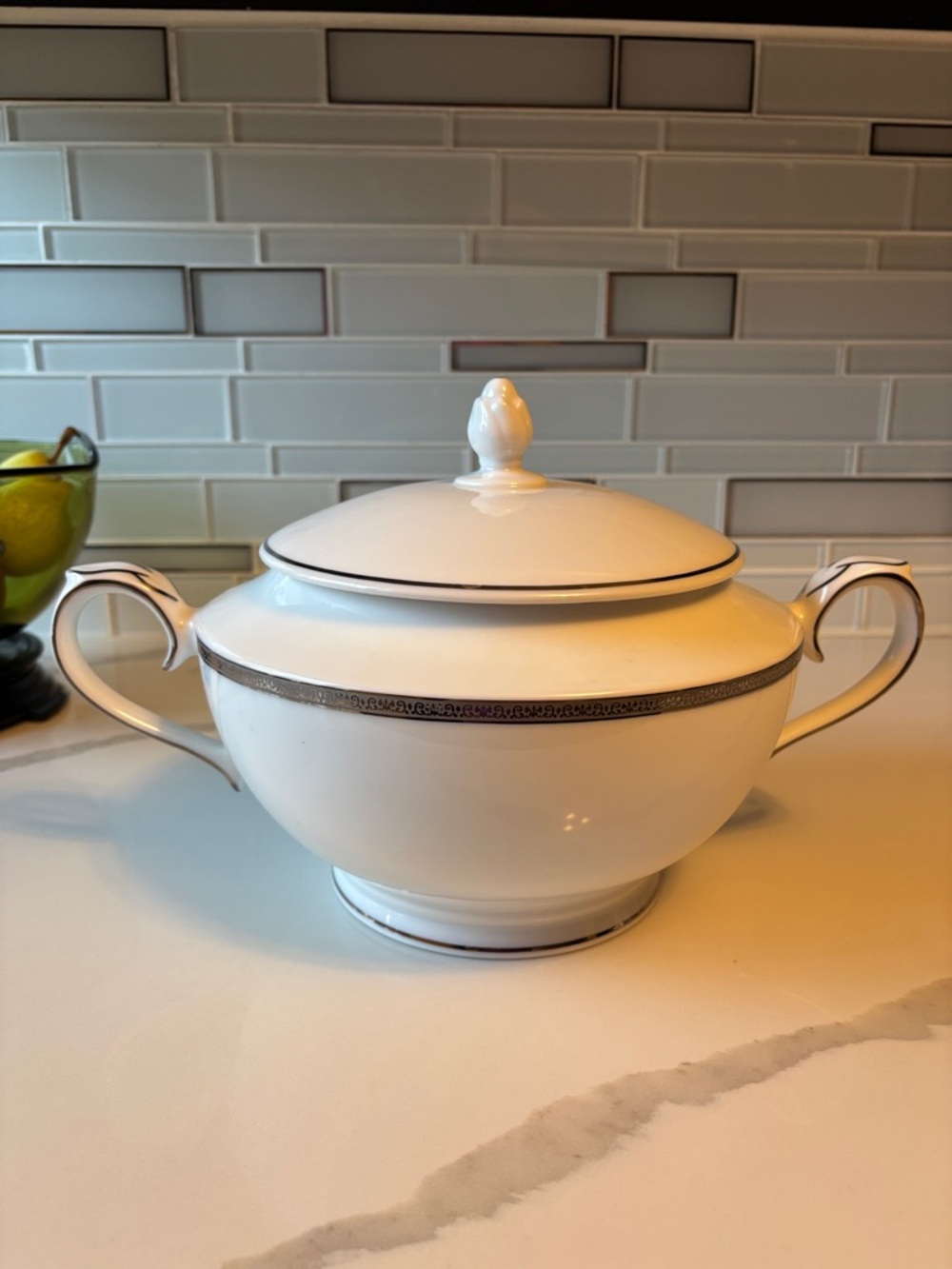 Classic White Porcelain Covered Soup terrene with Silver Trim